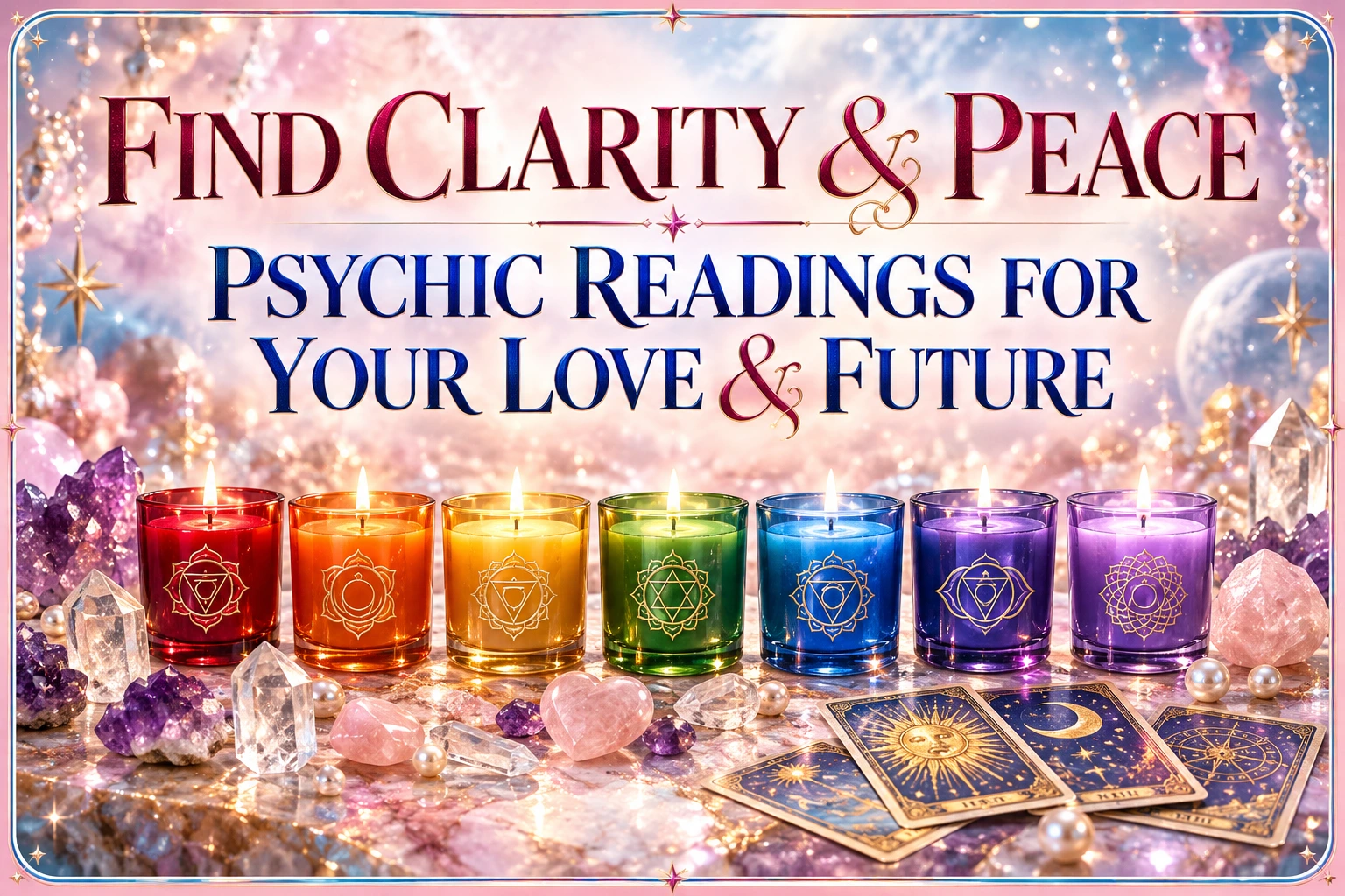 Find clarity and peace. Psychic readings for your love and future. Pink and blue lettering above seven glowing chakra candles, crystals and tarot cards.