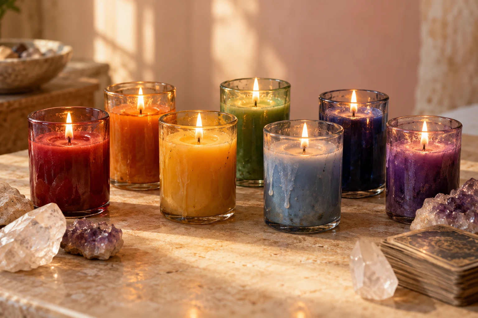 Seven lit, partly burned candles with natural wax pools, quartz crystals and a tarot deck on a warm stone table.