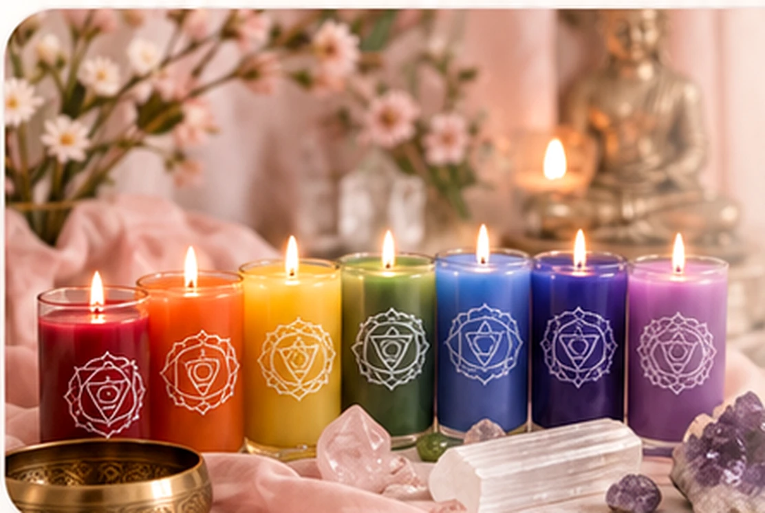 Seven colorful chakra candles with crystals, from root red to crown violet